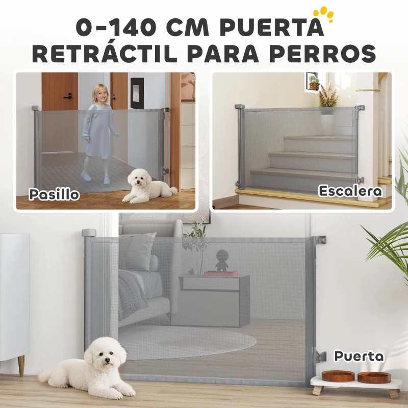 PawHut Barrera de Seguridad para Perros Retráctil Extensible hasta 140 cm de Ancho para Escaleras y Puertas Gris