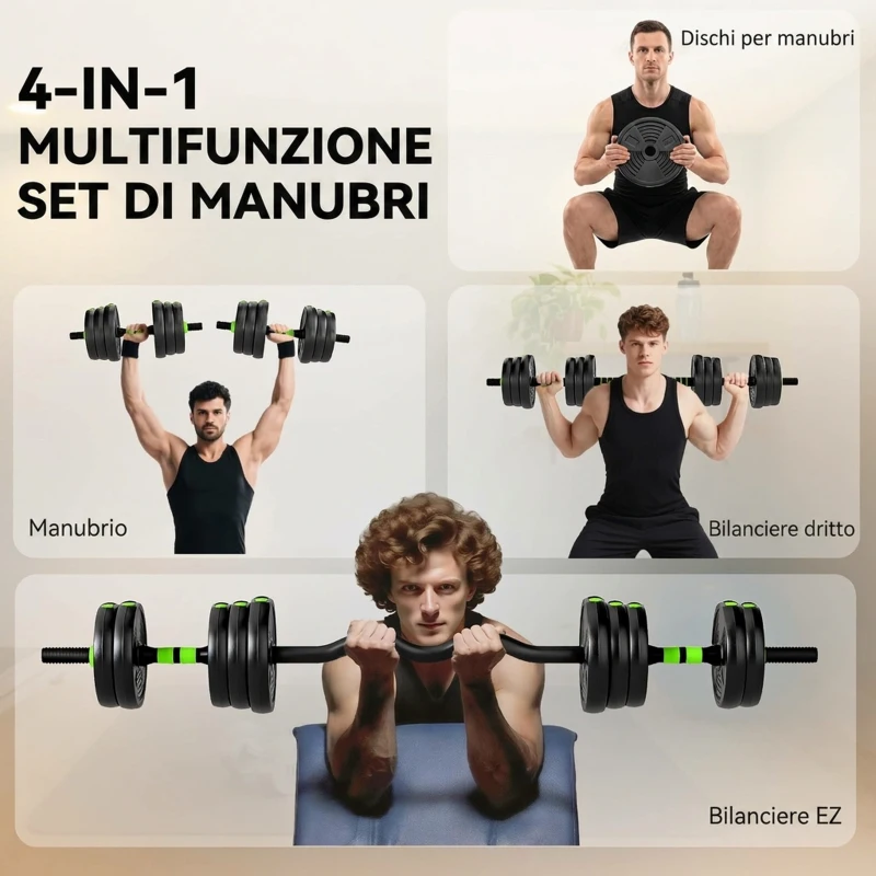 SPORTNOW Set Bilanciere con Pesi 3 in 1 da 16 Dischi e Impugnatura Antiscivolo, 140x20x20 cm, Verde