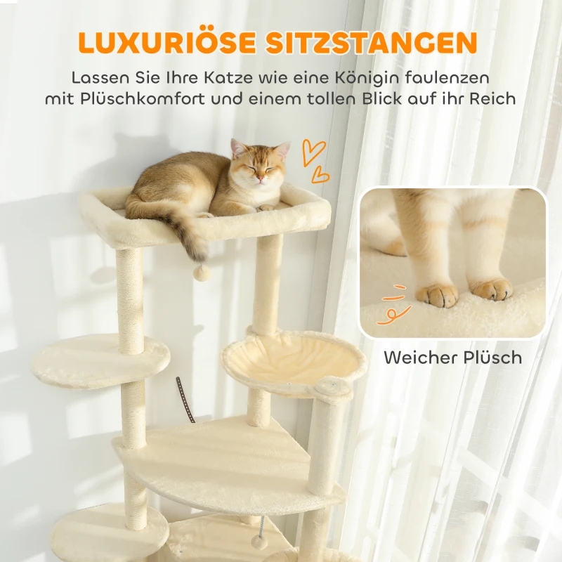 PawHut 2 meter hoge krabpaal voor 2-3 katten, krabpalen, holen, hangmat, verstopplekken, meerlaagse uitvoering, sisal, hout, pluche, Beige