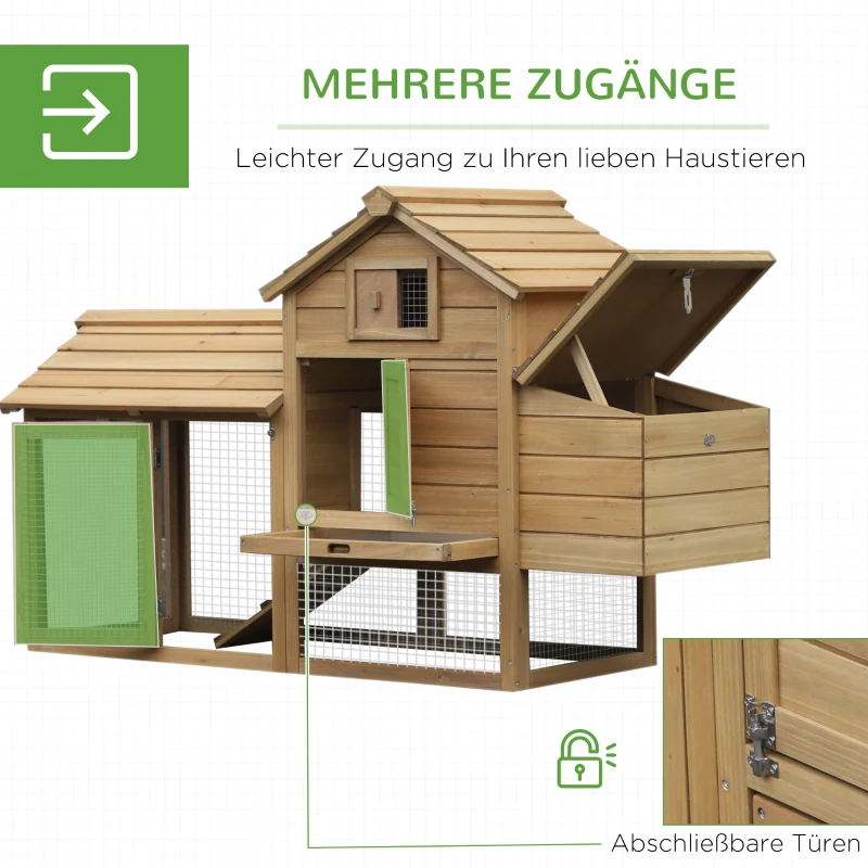 PawHut Hühnerstall Hühnerhaus aus Holz 151,5 x 54 x 87 cm, Freilaufgehege mit 2 Ebenen, 2 Türen, Nistkasten, wasserfestem Dach, Auslauf, Rampe, Hühnergehege für Garten, Natur