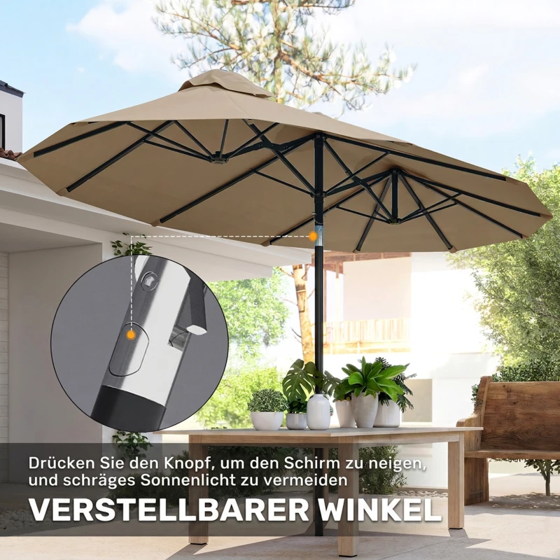 Outsunny parasol, tuinparasol, kantelbaar, met handslinger, windkap, polyester+staal, kaki, 285 x 147 cm