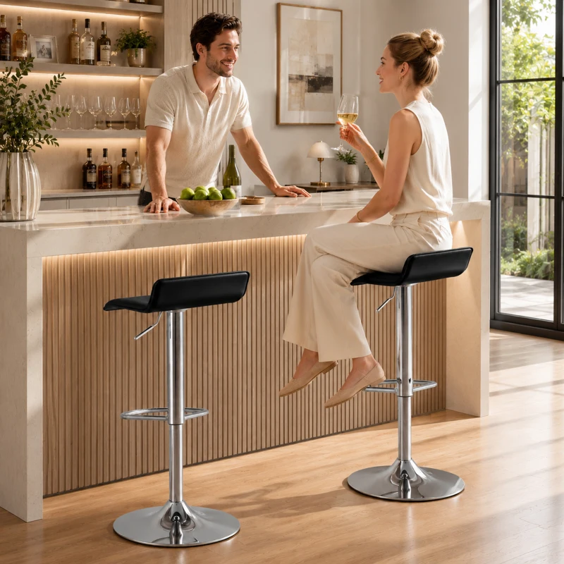 HOMCOM Taburet de bar rotativ 360° Scaun de bar cu cadru din oțel argintiu, Reglabil pe înălțime Scaun de bucătărie cu suport pentru picioare, Negru
