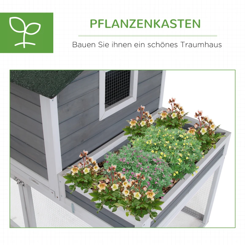 PawHut kippenhok kippenhuis met legnest plantenbak grijs hout metaaldraad asfalt
