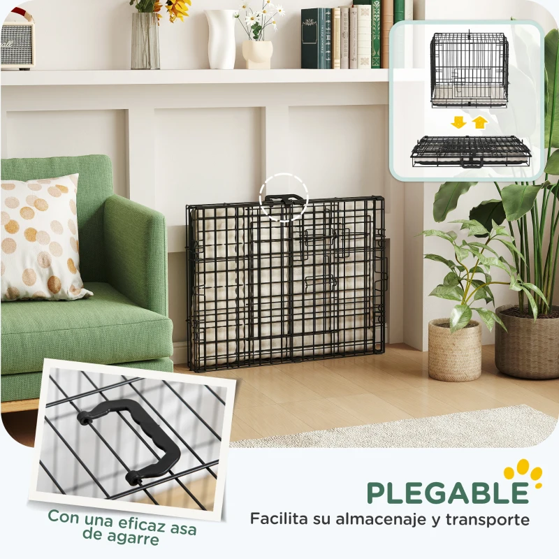 PawHut Jaula para Perros Plegable con Cojín Puertas Bandeja Extraíble y Marco de Alambre Metálico 60x45x50 cm Negro y Beige