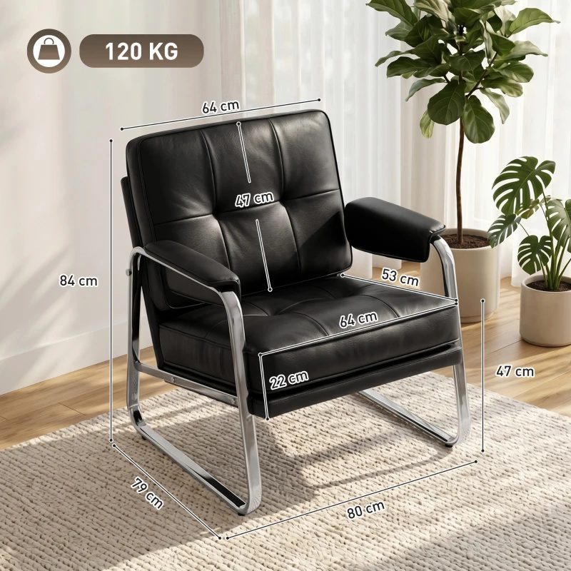 HOMCOM Sessel Loungesessel mit breiter Sitz, Armlehnen, Stahlbeinen, aus Kunstleder für Wohnzimmer, Schlafzimmer, Schwarz