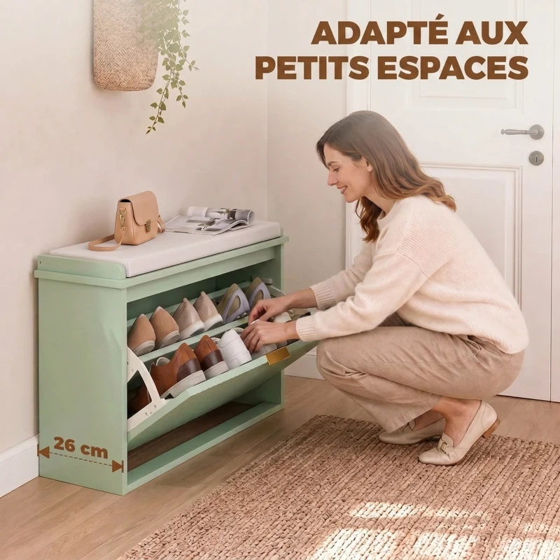 HOMCOM Banc à chaussures avec coussin d'assise rembourré et tiroir rabattable pour couloir, chambre, 62 x 26 x 47,5 cm, vert