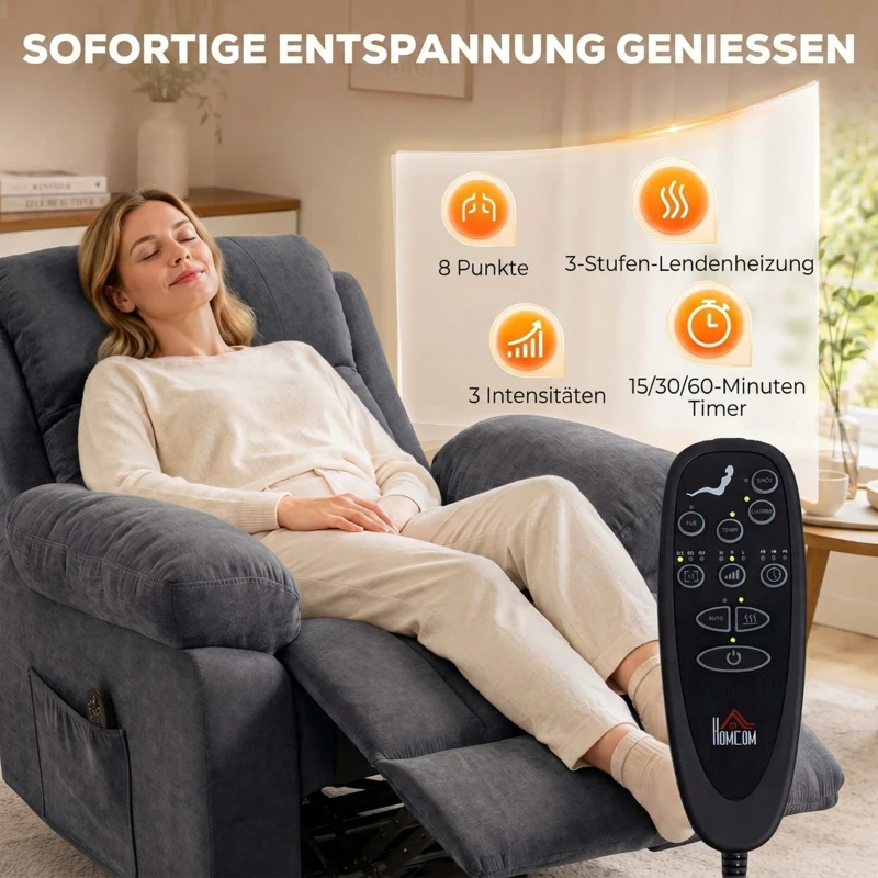 HOMCOM Fotel relaksacyjny fotel TV obrotowy 360° fotel masujący z ogrzewaniem, masażem, wygląd chenille, Ciemnoszary