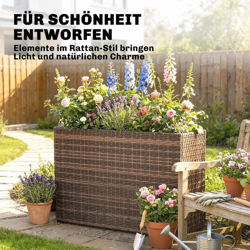 Outsunny Hochbeet mit verstellbaren Füßen, Rattan Blumenkasten mit herausnehmbarem Einsatz für Terrasse und Balkon, Braun