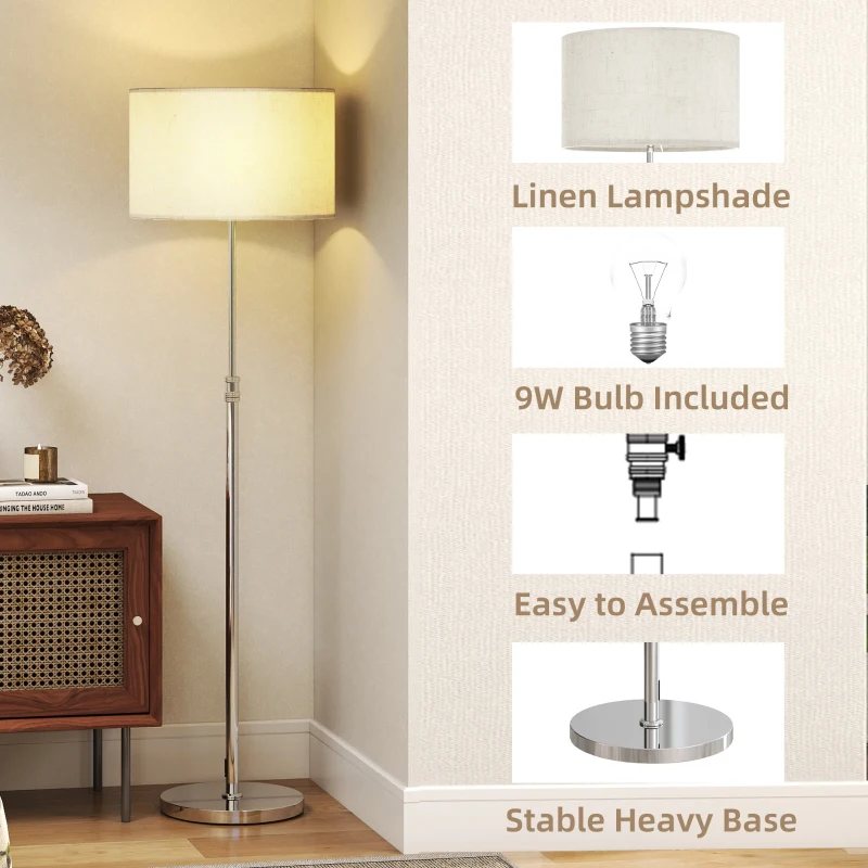 HOMCOM Floor Lamp with Remote, Height Adjustable Standing Lamp with Linen Shade, Dimmable with 3000K-6000K Adjustable Colour Temperatures, Foot Switch for Living Room Bedroom Office, Silver Tone
