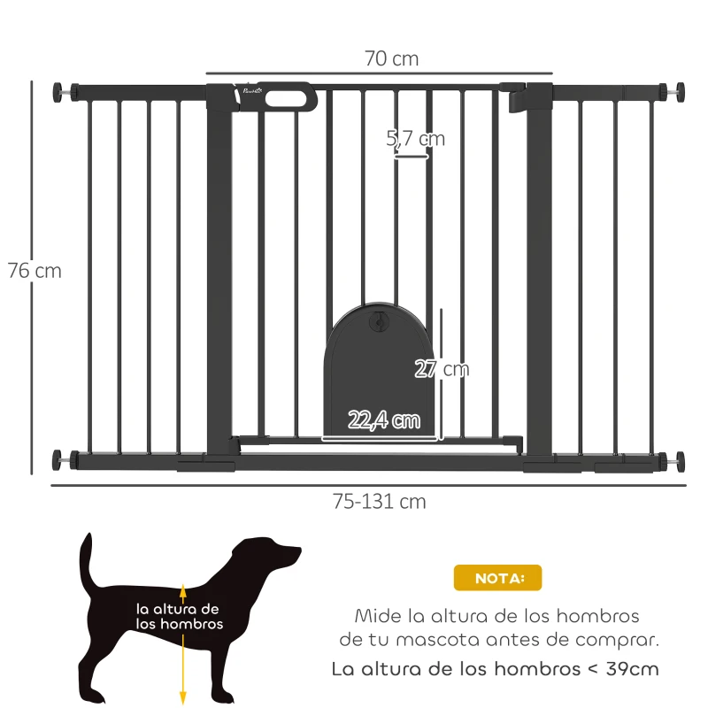 PawHut Barrera de Seguridad para Perros con Puerta Pequeña para Escaleras y Puertas 75-131 cm con 3 Extensiones Negro