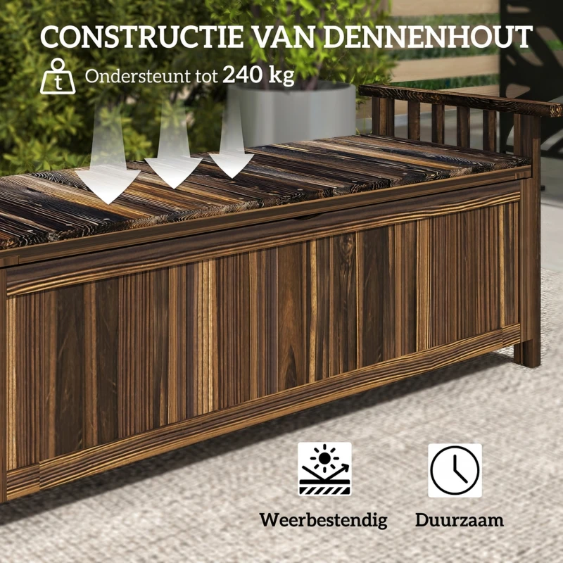 Outsunny 2-Zits Tuinbank van Hout met Weerbestendige Zitting, Tuinmeubilair met Opbergruimte en Armleuningen 128,5 x 56 x 53,5cm, Verkoold
