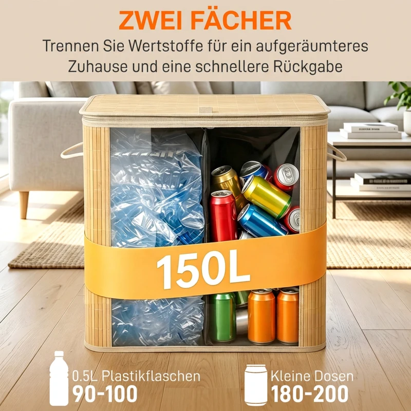 HOMCOM Pfandflaschen Sammelbehälter mit Deckel 150L, Bambus Pfandflaschen Organizer mit Zwei Tasche für Küche