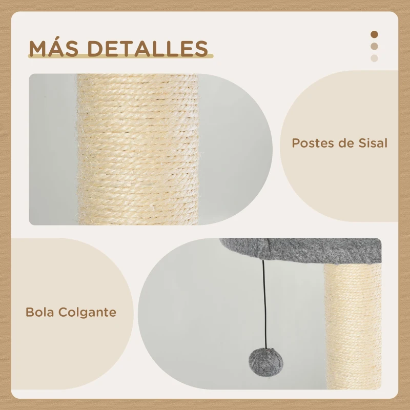PawHut Árbol Rascador para Gatos Grande 61x49x160,5 cm Madera Torre de Escalada de Múltiples Niveles con Cueva Espaciosa Hamaca Suave Postes Juguete Colgante Cubierto de Felpa Gris