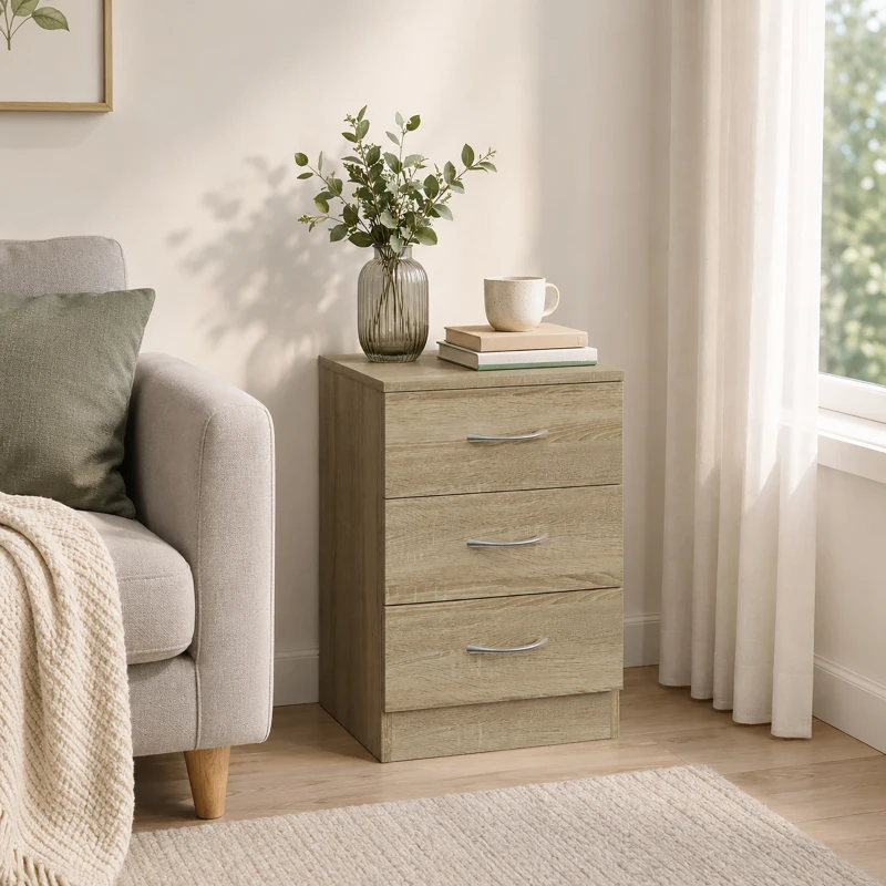 HOMCOM Three-Drawer Simple Bedside Table - Oak