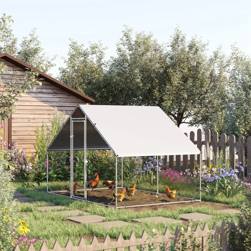 PawHut Kippenhok, Buitenren, Pluimveestal met Zonnescherm, Buitenverblijf voor 4-6 Kippen, Eenden Konijnen, 3 x 2 x 2 m