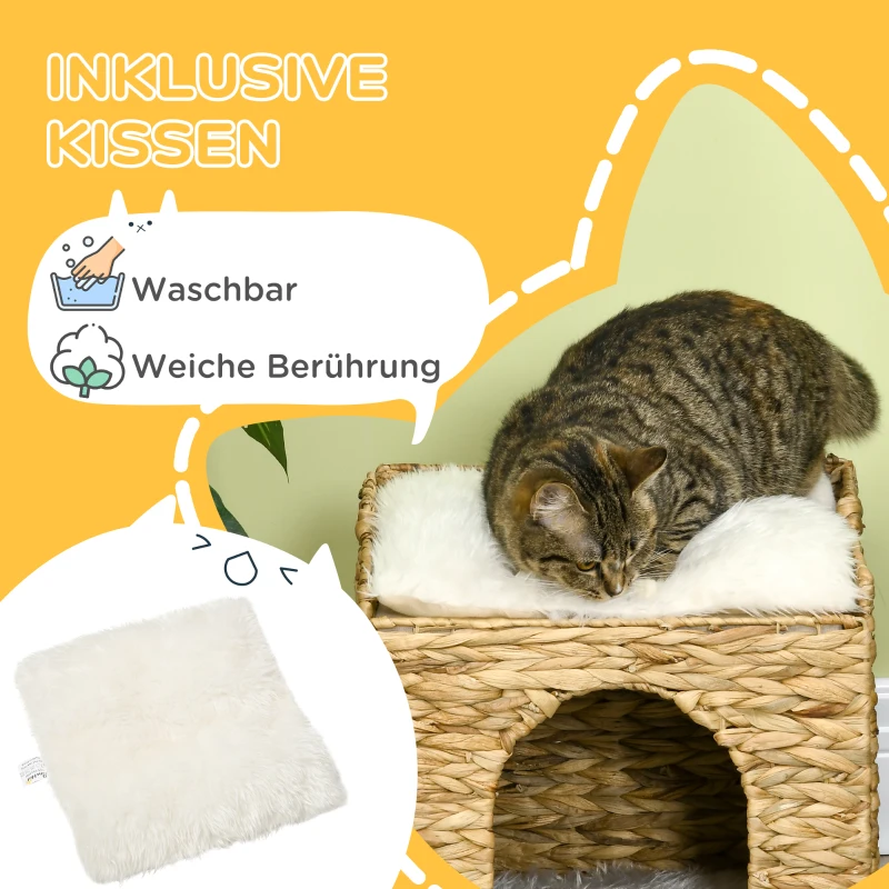PawHut kattengrot met waterhyacintgras, 2 slaapruimtes, 2 wasbare kussens, naturel + wit