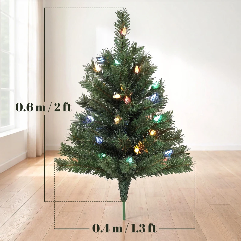 HOMCOM 60 cm Prelit Christmas Tree, 2 Packs Artificial Christmas Trees with 60 Colourful LED Lights, 130 Tips, Green