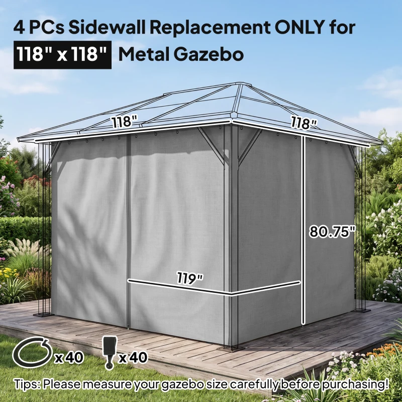 Outsunny Set of Four 3 x 3m Gazebo Replacement Walls - Light Grey