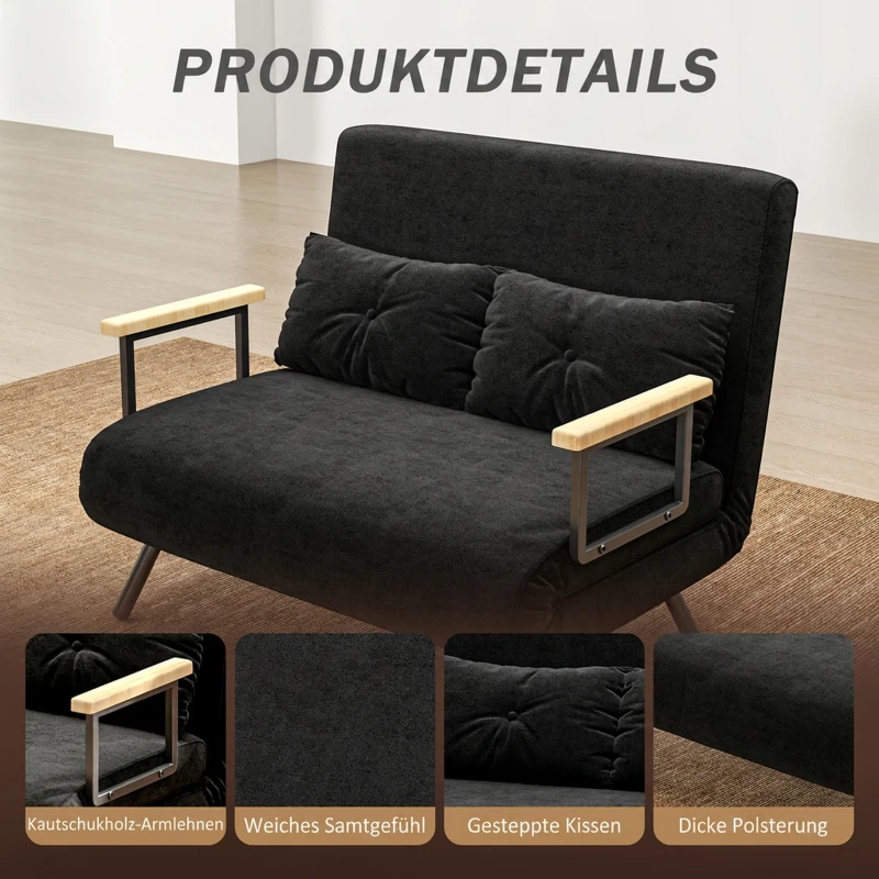 HOMCOM Schlafsofa 2er-Sofa Samtsofa, Schlaffunktion, inkl. 2 Kissen, Samtoptik, Schwarz