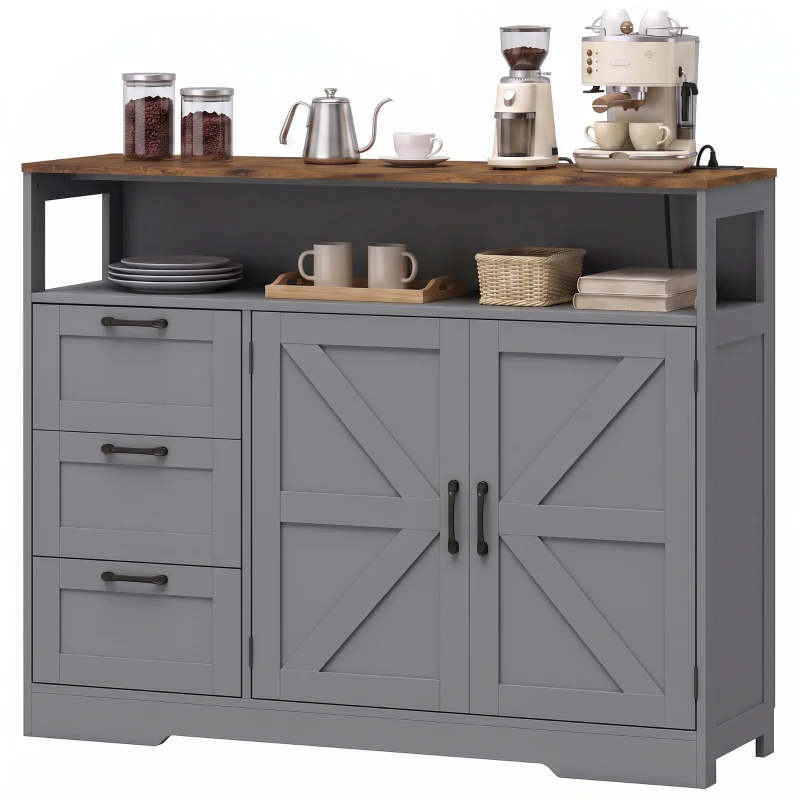 HOMCOM Sideboard Cabinet with Power Outlet, Farmhouse Kitchen Cabinet with 3 Drawers and Open Shelf, Grey
