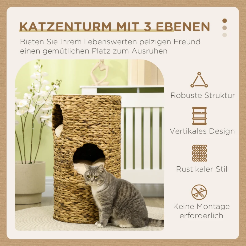 PawHut Kattengrot met 3 verdiepingen, 3 ingangen, boho-design, inclusief kussen, 40 cm x 40 cm x 73 cm, lichtbruin en crèmewit