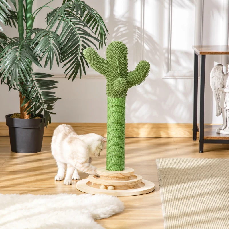 PawHut katten krabpaal cactus kattenboom grenenhout sisaltouw krabpaal met houten ballen speelgoed voor katten 60 cm hoog groen + naturel