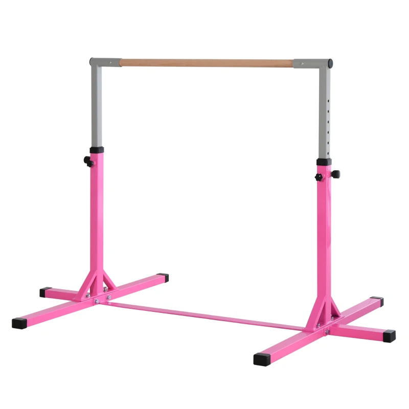 HOMCOM Barra de Gimnasia para Niños de +3 Años Barra de Entrenamiento Altura Ajustable 92-150 cm Carga 75 kg 194x121x150cm Rosa