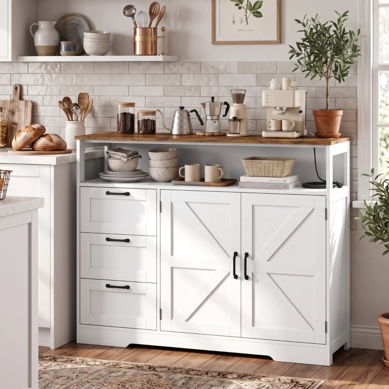 HOMCOM Sideboard Cabinet with Power Outlet, Farmhouse Kitchen Cabinet with 3 Drawers and Open Shelf, White
