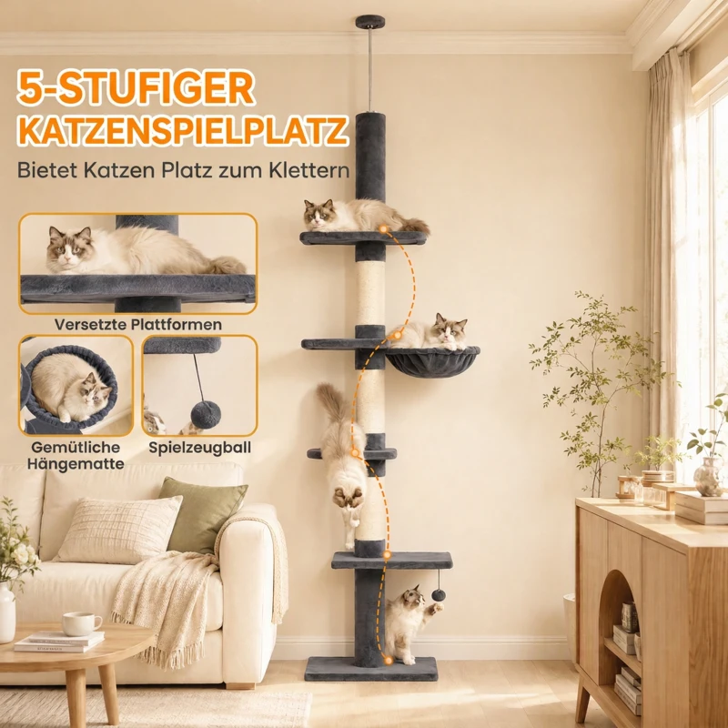 PawHut Plafondhoge krabpaal 225-255 cm, verstelbare kattenboom met 5 niveaus, 3 sisal krabpalen, hangmat en platformen