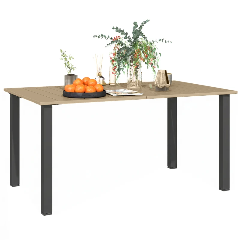 Outsunny Mesa de Jardín Rectangular de Acero 150x90x73 cm para 6 Personas con Orificio para Sombrilla Diseño con Lamas Marrón