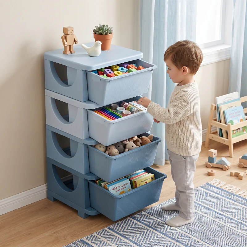 HOMCOM Aufbewahrungsboxen für Kinder, 4 Schubladen, abgerundete Kanten, erhöhtes Design, Kunststoff, Blau