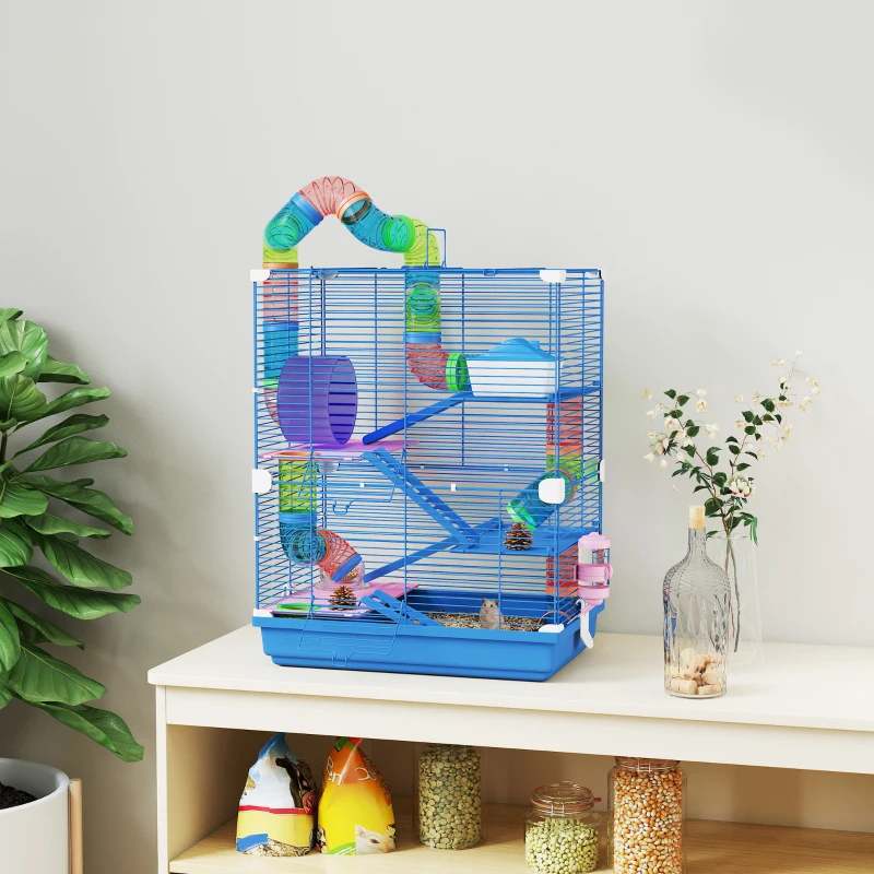 PawHut 5 Tier Hamster Cage Carrier Habitat w/ Exercise Wheels, Tunnel, Blue