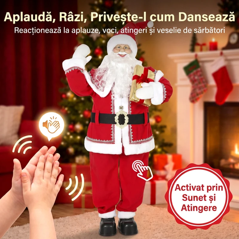 HOMCOM Moș Crăciun muzical animat, cu cap rotativ, 150 cm, roșu