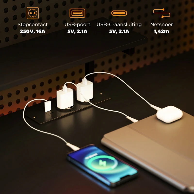 HOMCOM L-vormig bureau met oplaadstation, hoekcomputertafel met monitorstandaard en planken, voor thuiskantoor, kantoor, zwart(m-4)