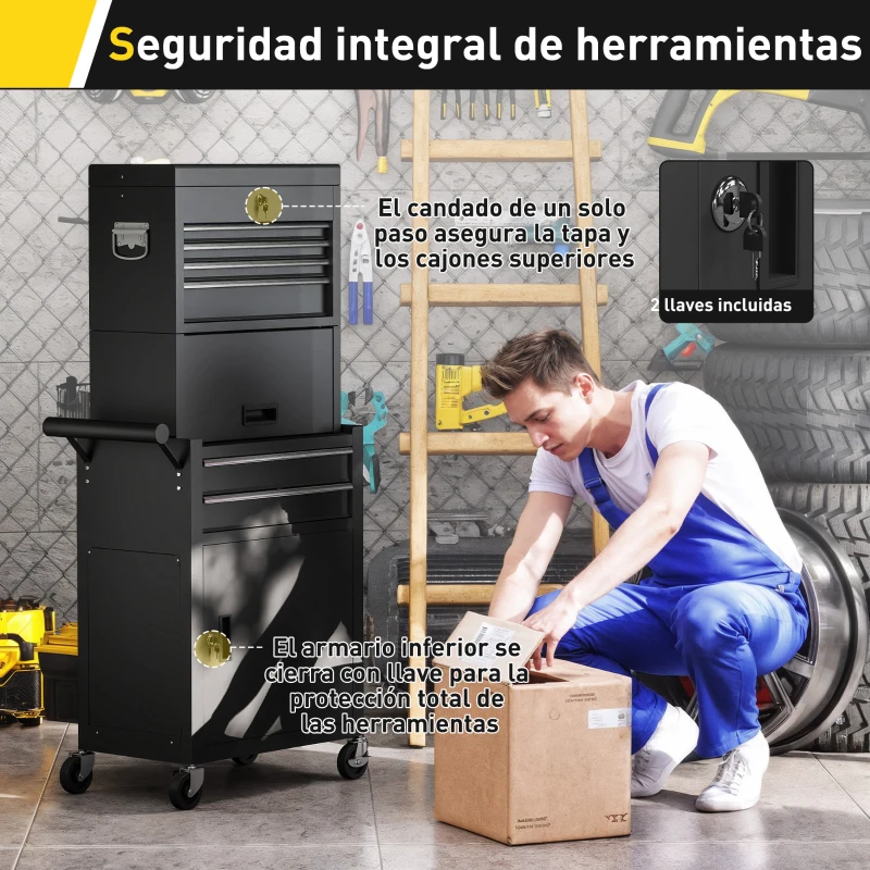 HOMCOM Carro de Herramientas con 6 Cajones y Cerraduras Caja de Herramientas de Acero con Ruedas para Taller Garaje Negro