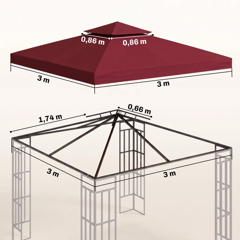 Outsunny Toit de Remplacement pour pavillon de Jardin Toile de Rechange pour pavillon tonnelle Tente 3 x 3 m Rouge vineux