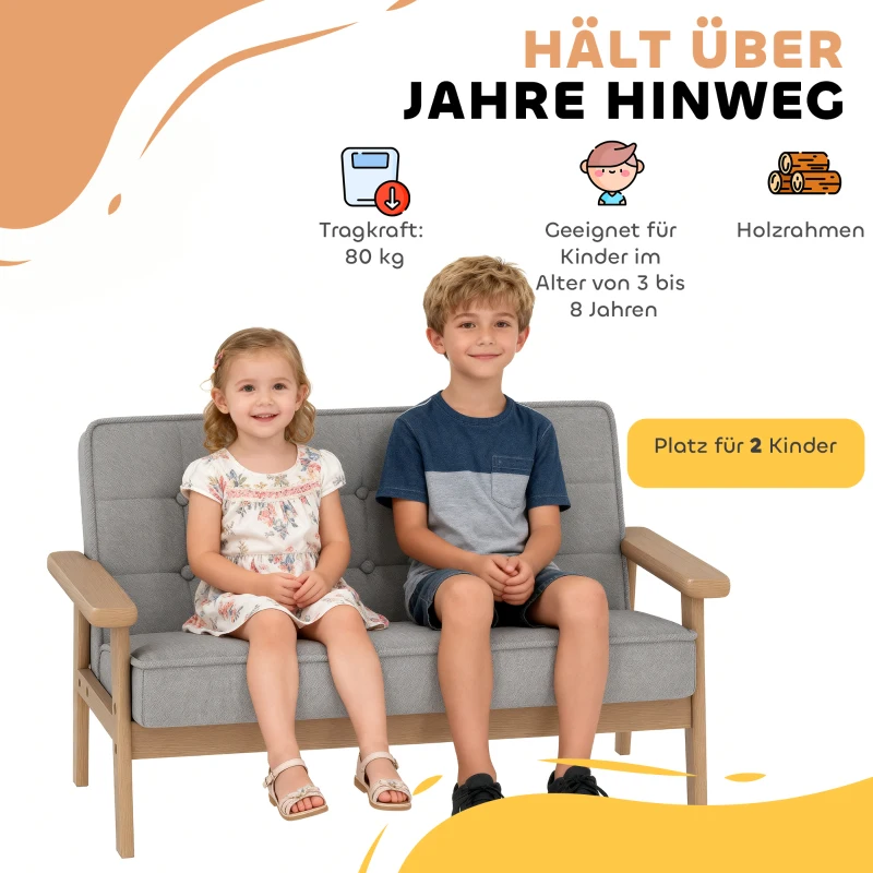 AIYAPLAY Kinderfauteuil, kindersofa met houten frame, velourslook, gestoffeerd, voor kinderen van 3-15 jaar Grijs