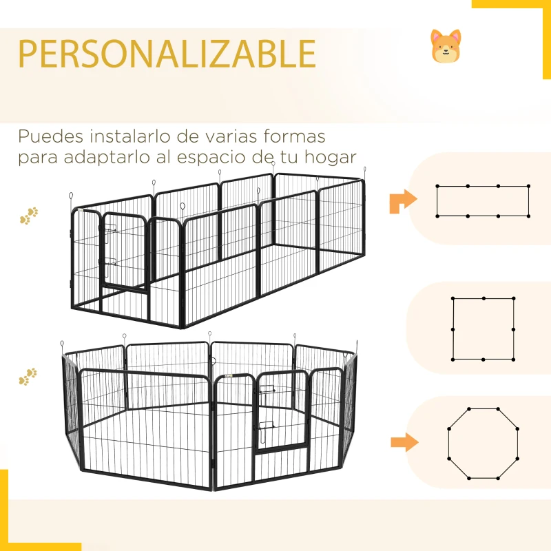 PawHut Corralito para Perros de 8 Paneles 80x60 cm con Forma Personalizable Puerta Marco de Acero y 8 Anclajes de Tierra Negro