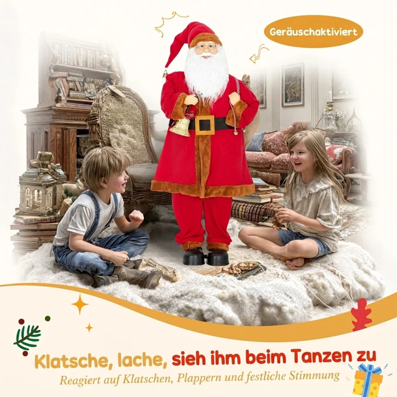 HOMCOM Weihnachtsmann 120 cm Nikolaus Figur mit Beweglichem Kopf und Armen, Glocke und Sack, Geräusch- und Berührungssensor