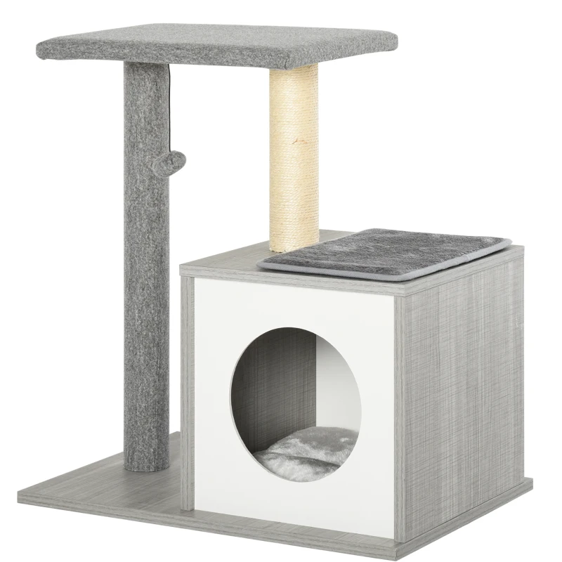 PawHut Árbol para Gatos 59x39x62 cm Rascador para Gatos de 3 Niveles con Plataformas Postes de Rascado Cueva de Madera Espaciosa Cojines Extraíbles Suaves Bola de Juguete Gris
