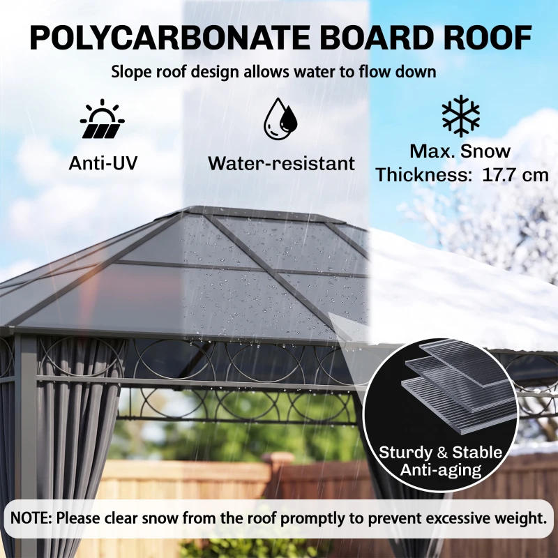 Outsunny Hardtop Gazebo Garden Pavilion w/ UV Resistant Polycarbonate Roof, Curtains, Steel & Aluminium Frame, 3 x 4(m), Grey