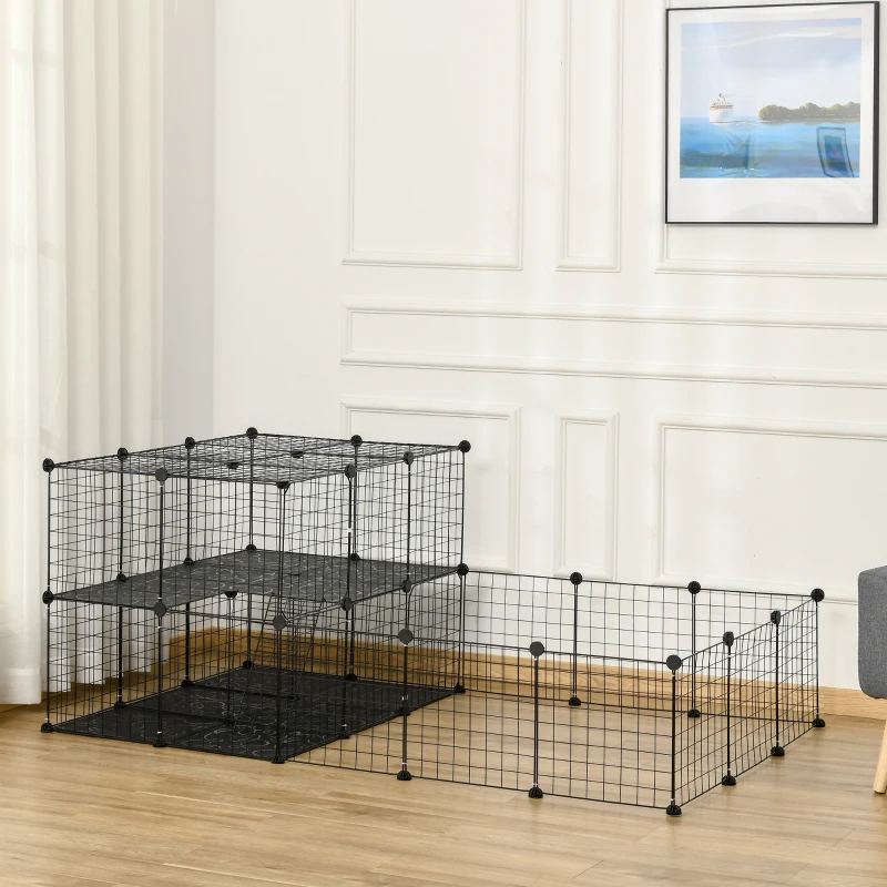 PawHut Freigehege aus Metall DIY Kleintierauslauf 2-stöckig Kleintierkäfig mit Tür und Leiter für Chinchilla Kaninchen Meerschweinchen 33 Platten Metallgitter Schwarz 175 x 105 x 70 cm