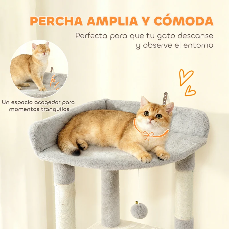 PawHut Árbol Rascador para Gatos Grande Altura 170 cm con 7 Postes 1 Túnel 3 Plataformas 2 Cuevas 1 Hamaca Gris Claro