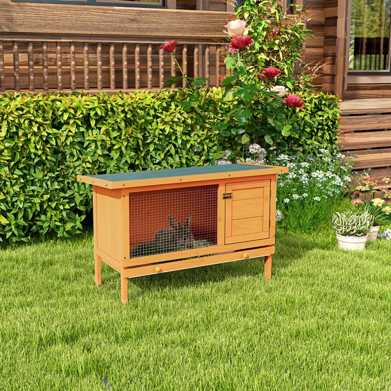 PawHut Conejera de Madera Exterior Jaula Elevada para Conejos Cobayas Animales Pequeños con Techo Asfáltico Abatible Bandejas Extraíbles y Puerta con Pestillo 90x45x65 cm Madera Natural