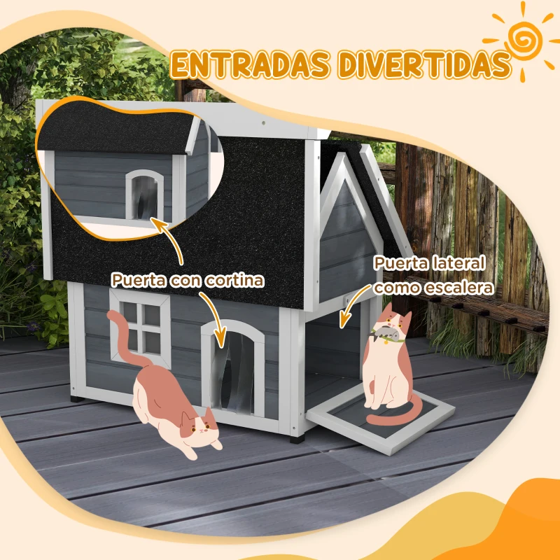 PawHut Casa para Gatos de Madera con Techo Asfáltico Abatible 3 Puertas Ventana para Exterior 77x57,5x68 cm Gris y Negro