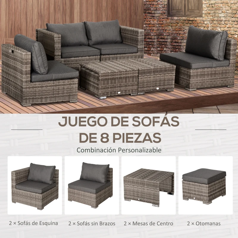 Outsunny Conjunto de Muebles de Jardín 8 Piezas de Ratán Sintético con 2 Mesas Reposapiés y Cojines para Patio Terraza Marrón y Gris