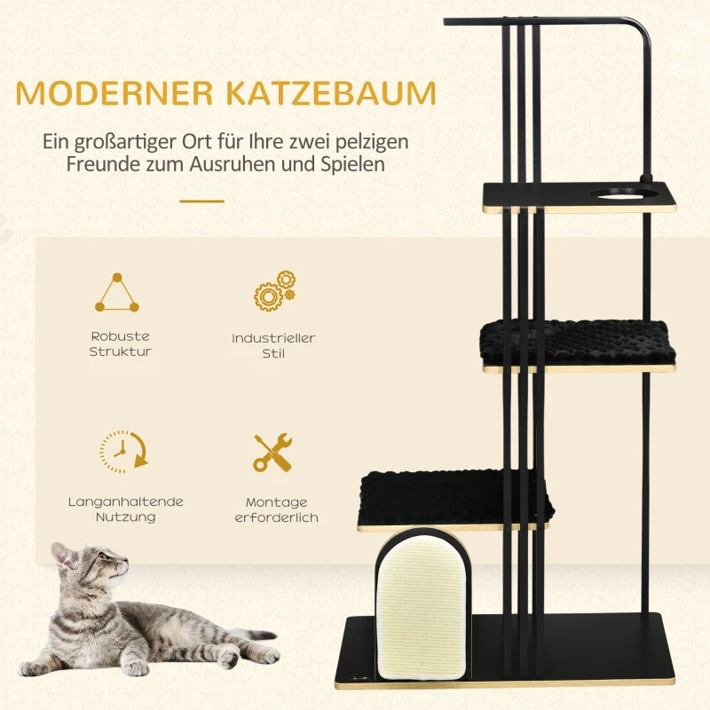 PawHut krabpaal, industrieel ontwerp, 3 plateaus, 2 kussens, kraswand, stalen frame, zwart, 85 x 48 x 170 cm(m-4)