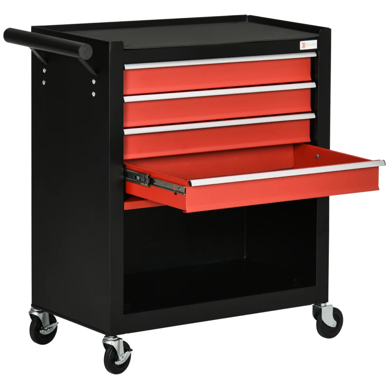 DURHAND Carro de Herramientas con Ruedas 4 Cajones Compartimento de Almacenaje y Asa Lateral 69x33x75 cm Negro y Rojo