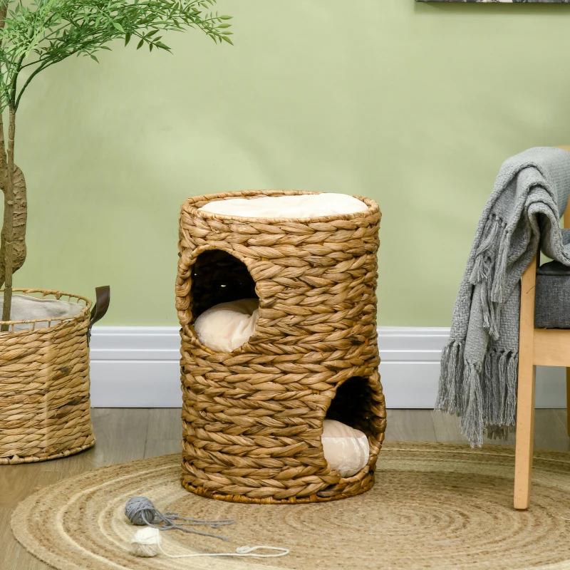 PawHut Kratztonne, 47 cm, 2 Höhlen, Kissen, Kratzbaum mit Katzenbett, Katzenturm aus Wasserhyazinthe, Hellbraun