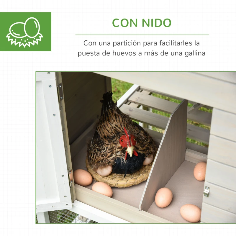 PawHut Gallinero de Madera para Exterior Jaula Grande para Gallinas Pollos con Caseta de 2 Niveles Zona Abierta Nido Bandeja Extraíble y Techo Asfáltico 235x83x171 cm Gris